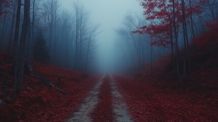 Obraz premium Foggy Woodland Path Covered With Red Leaves Creating A Mystical Autumn Atmosphere