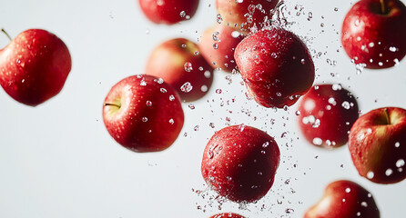 Close-Up of Fresh Red Apples with Water Droplets on Dark Reflective Surface