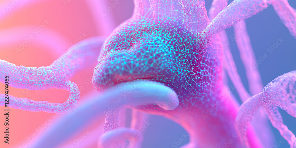 Poster abstract 3d render: pink and cyan mesh structure