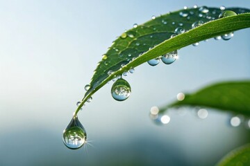 Fototapeta premium Small transparent water droplets falling from a leaf, water cycle, tiny drops