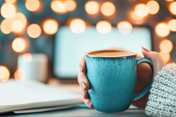 Obraz premium Cozy coffee moment home office beverage warm lighting close-up relaxation