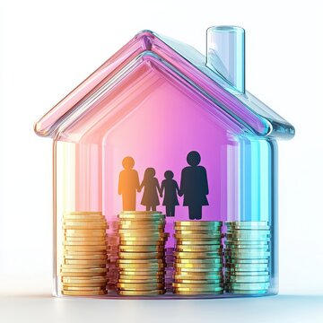 Family Inside A House With Coins Representing Investment And Security