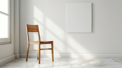 Minimalist interior featuring a wooden chair beside a blank canvas on a sunlit wall