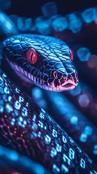 Glowing Digital Snake Slithering Over Holographic Code