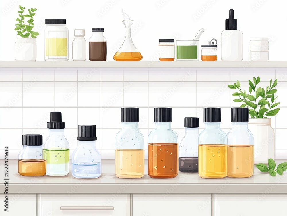 Poster countertop with syrup bottles lined up in a flat design style minimal and organized display of glass