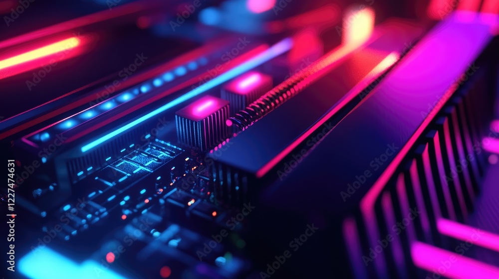 Poster a close-up of an rgb-lit cooling system in a custom pc, highlighting vibrant neon colors and high-pe