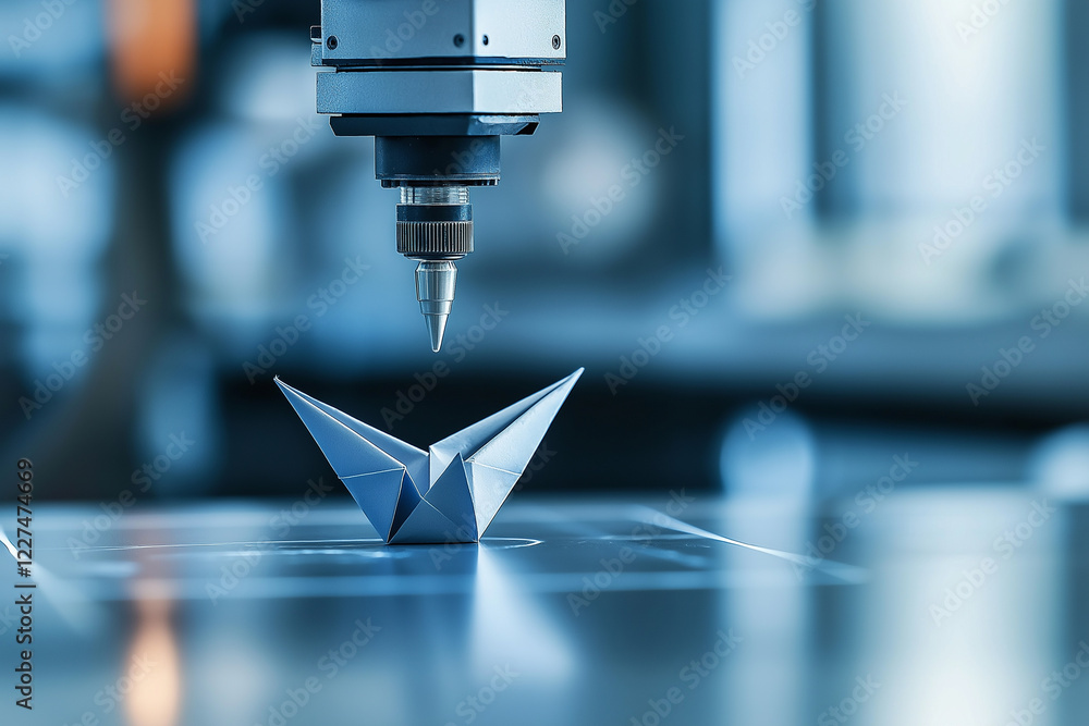 Poster robotic arm precisely crafting delicate paper origami on reflective surface