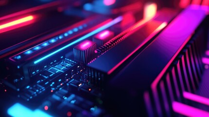 A close-up of an RGB-lit cooling system in a custom PC, highlighting vibrant neon colors and high-performance components, symbolizing modern tech innovation