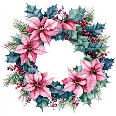 Watercolor pink poinsettia wreath with greenery and berries, perfect for festive decorations and holiday cheer. This beautiful design adds touch of elegance to any space