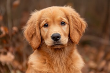 Golden retriever puppy sitting in autumn leaves outdoors