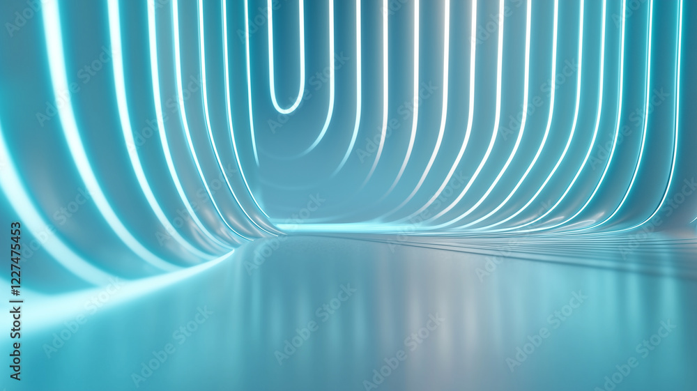 Poster Futuristic glowing blue neon lines curve seamlessly in minimalistic abstract space