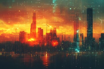 Fototapeta premium Bright Futuristic Cityscape Against Renewable Energy Climate Data Grid
