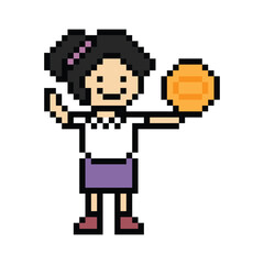 Fototapeta premium Cartoon cute pixel 8bit character business woman office save money investment for decoration business 8 bit female lady coin save money businesswoman character game 8 bit png vector.