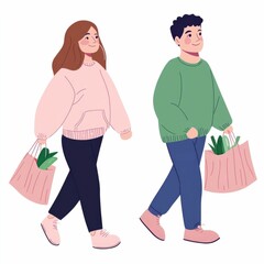 Obraz premium of a young couple walking on a city street carrying takeaway bags or packages from a restaurant or food establishment The image has a flat minimalist design style