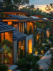 Fototapeta premium Sustainable Urban Community with Solar Roofs and Lush Greenery at Dusk