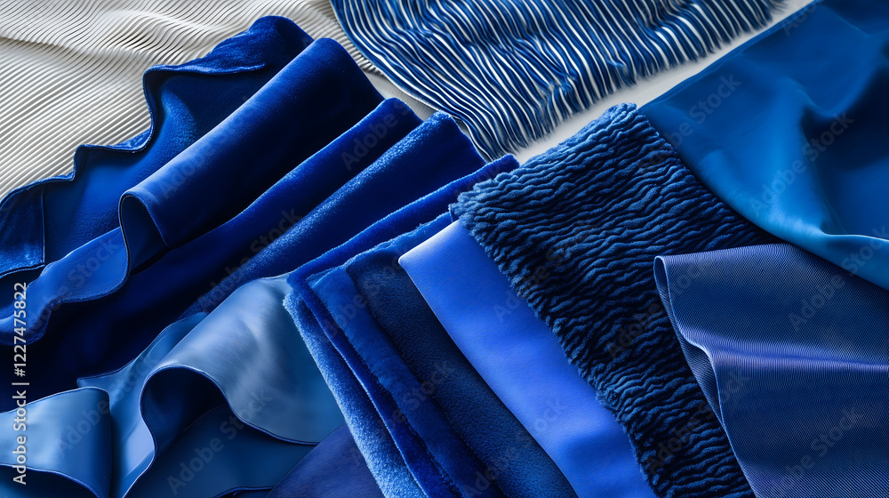 Poster creative arrangement of royal blue fabrics showcasing different textures and patterns in a flat lay 