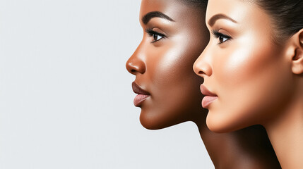 Fototapeta premium Close-up side profiles of two diverse women with glowing skin, emphasizing beauty, confidence, and cultural inclusivity.