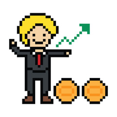 Obraz premium Cartoon cute pixel 8bit character business man office save money investment for decoration business 8 bit male boy coin save money businessman character game 8 bit png vector.