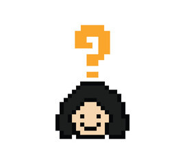 Cute pixel cartoon character woman with question mark decoration 8 bit female girl lady confused idea question mark think questionnaire choose cartoon pixel game 8bit png vector.
