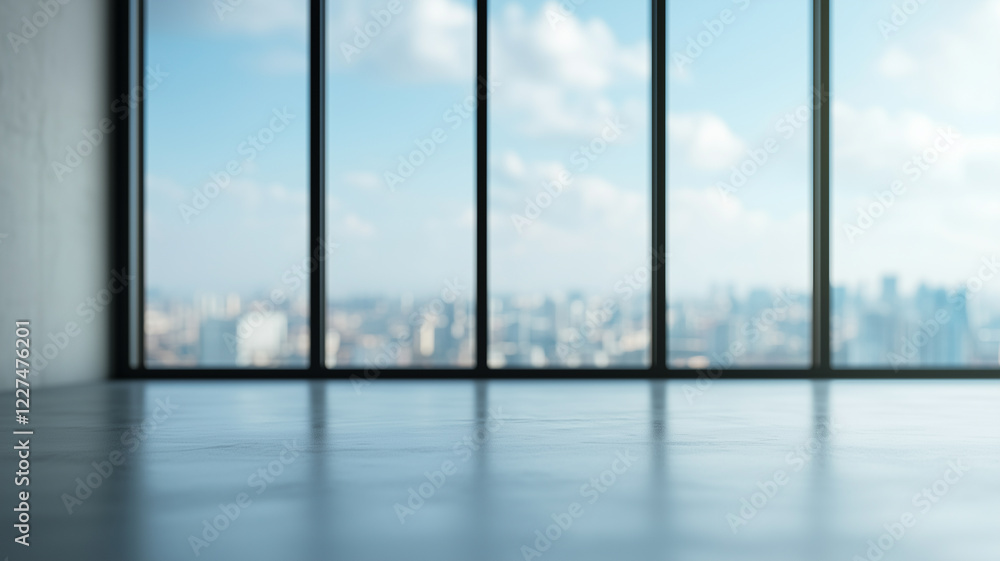 Poster Empty modern interior with large windows overlooking cityscape, creating serene and open atmosphere