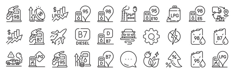 Filling station line icons. Settings gear, Message, Inflation icons. Petrol canister, B7 diesel fuel and gas cylinder set. Lpg, fuel filling station and 95 petrol canister line icons. Vector