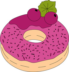 Illustration of a purple-glazed donut with berry toppings and a leafy accent, perfect for food-themed branding and culinary projects.