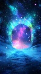 Enchanted archway frame with northern lights and falling stars, magical aurora feel, celestial patterns