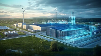 Hybrid Renewable Energy Facility Showcasing Wind Turbines and Solar Panels Integrated with Smart