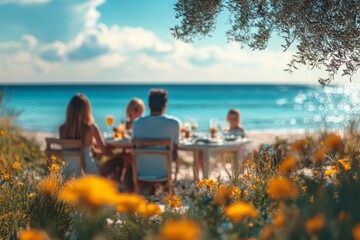 Family enjoying a picnic outdoors in a sunny flower field