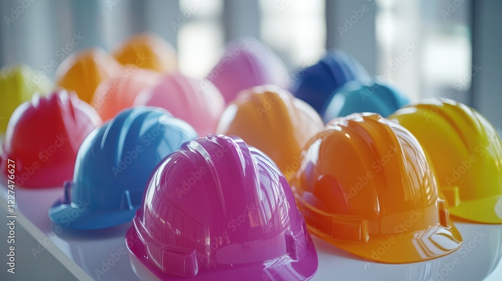 Poster a close-up of vibrant hard hats in various colors, arranged neatly on a clean white table, symbolizi