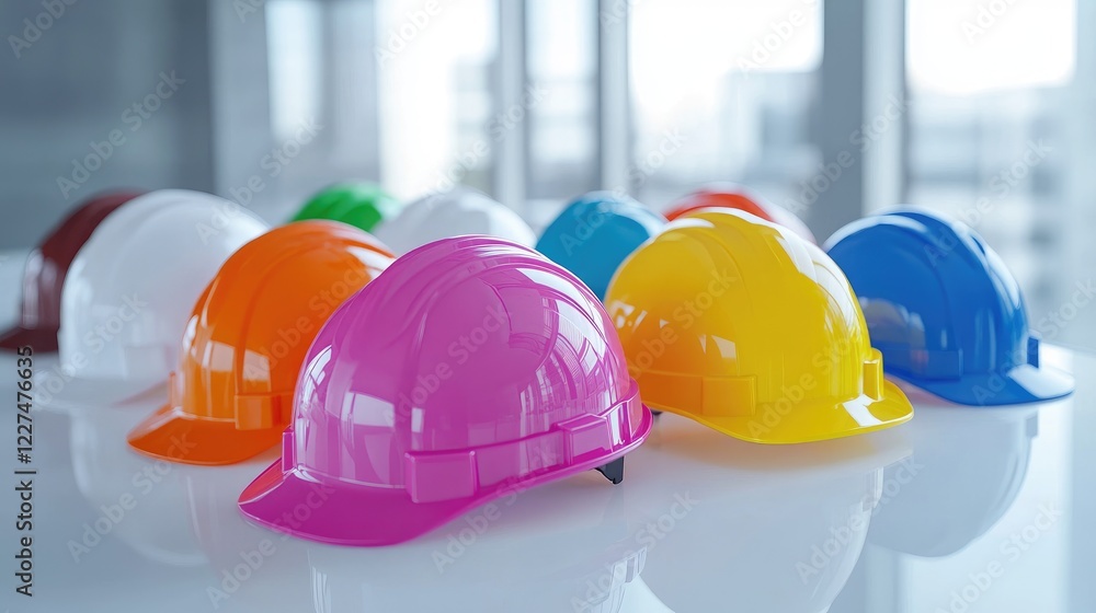 Poster a close-up of vibrant hard hats in various colors, arranged neatly on a clean white table, symbolizi