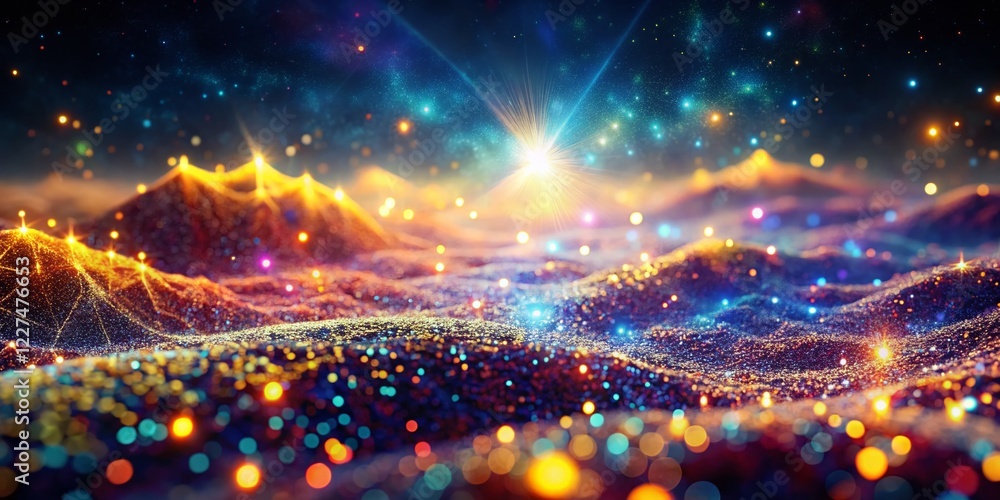 Poster abstract digital landscape: macro particle dots & starry horizon wireframe
