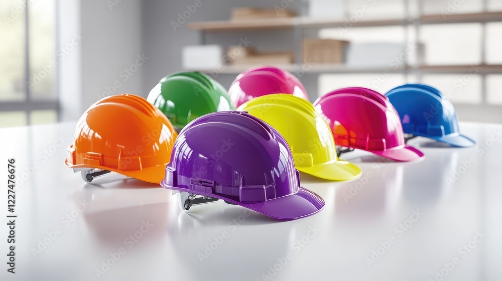 Poster a close-up of vibrant hard hats in various colors, arranged neatly on a clean white table, symbolizi