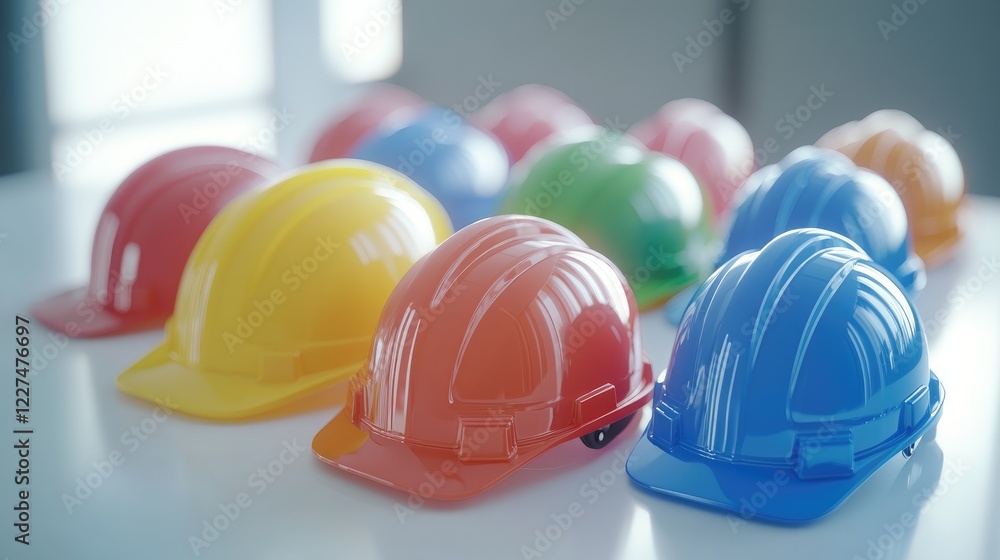 Poster a close-up of vibrant hard hats in various colors, arranged neatly on a clean white table, symbolizi