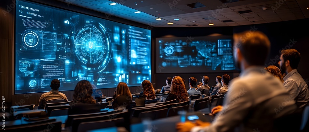Poster cybersecurity awareness seminar with diverse participants learning network security protocols