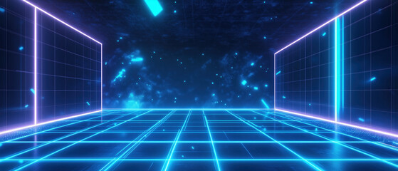 Naklejka premium Glowing cyber circuit board background, neon blue and black, holographic grid lines, digital particles floating, dark theme, perfect for gaming or crypto content