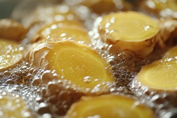 Fresh ginger slices and golden honey on a white background