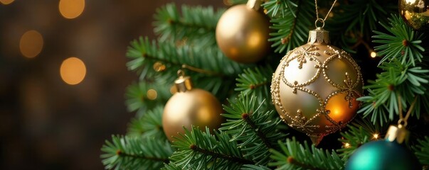 Ornate glass ornaments in gold and silver add a touch of luxury to the Christmas wreath, holly, ornaments, glass