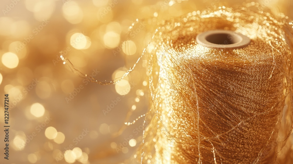 Poster a close-up shot of a spool of golden thread unwinding, forming a chaotic tangle of shimmering strand