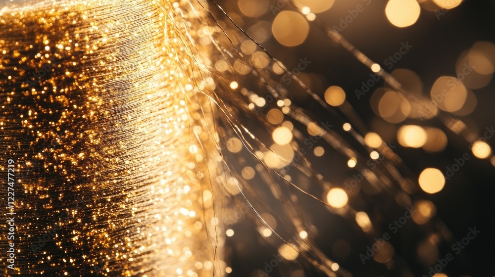 Poster a close-up shot of a spool of golden thread unwinding, forming a chaotic tangle of shimmering strand