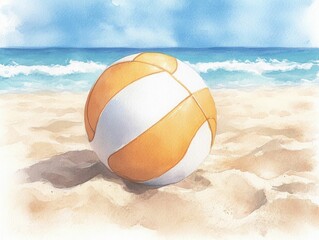 Watercolor depicting a volleyball nestled in soft beach sand with waves gently rolling in the background creating a tranquil summery atmosphere