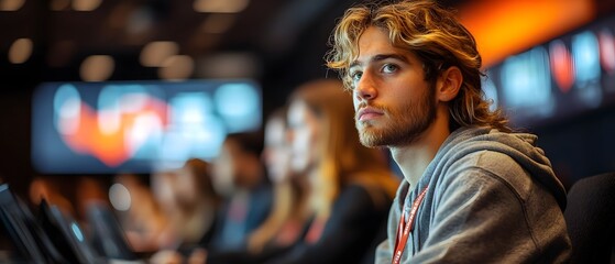 Fototapeta premium High Stakes Business Competition with Teams Showcasing Disruptive Innovations to Judges on Screens