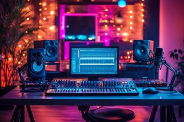 Modern music studio setup with glowing neon lights