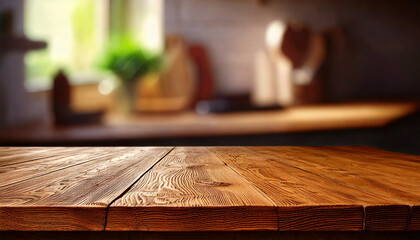 Empty wooden tabletop with blurred kitchen background sunshine, ideal for product placement
