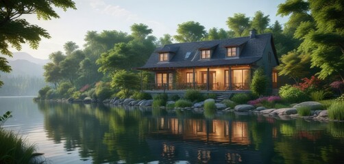 Fototapeta premium serene lakefront house with lush greenery and a tranquil atmosphere , residential area, peaceful