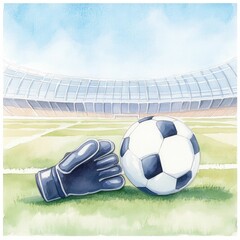 Vibrant and colorful watercolor depicting a soccer ball and goalkeeper s gloves lying on the grass field of a professional sports stadium