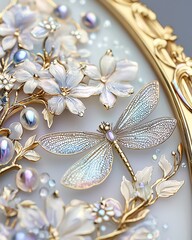 Fototapeta premium Enchanted oval frame with iridescent dragonflies and dewdrops, magical morning feel, pearlescent finish