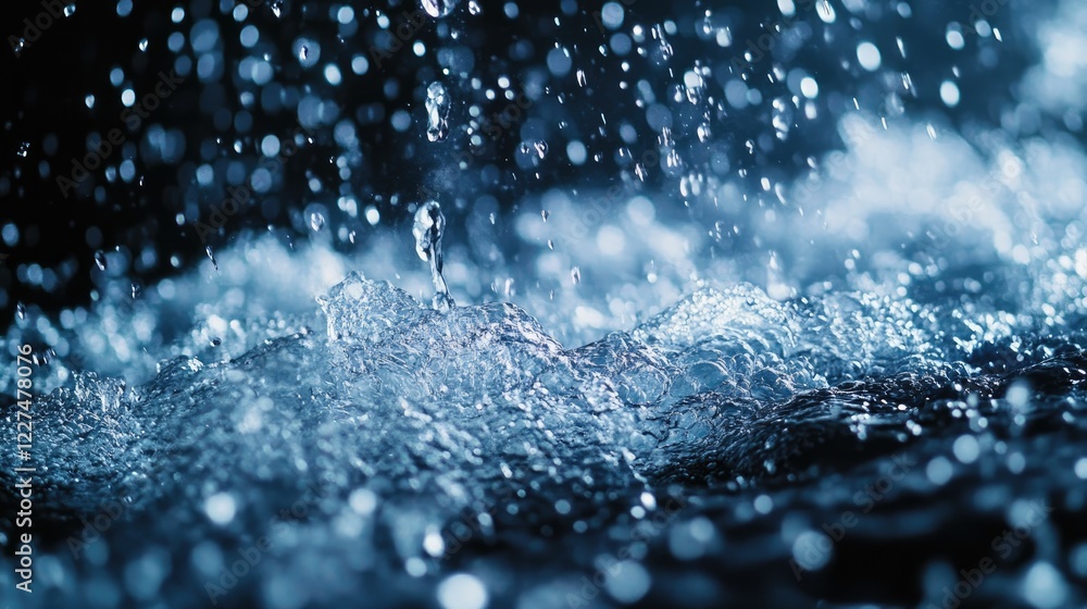 Poster a close-up view of a shower head releasing a gentle stream of water, with small droplets frozen in m