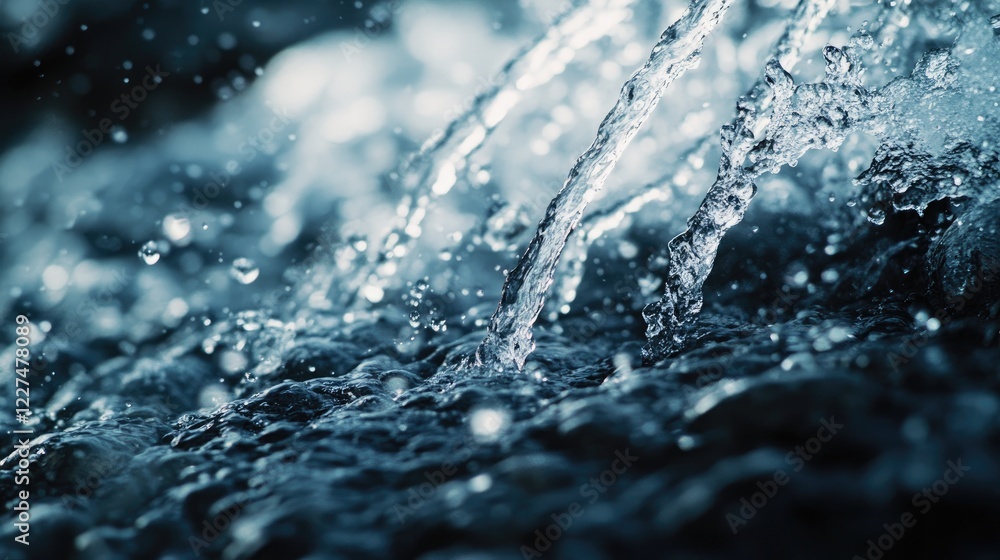 Poster a close-up view of a shower head releasing a gentle stream of water, with small droplets frozen in m