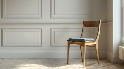 Modern wooden chair with green cushion in minimalistic room with elegant wall design and natural light